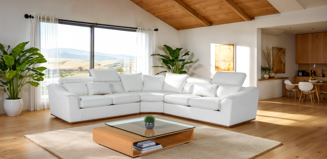 Sala de color blanco en un hogar con detalles en madera