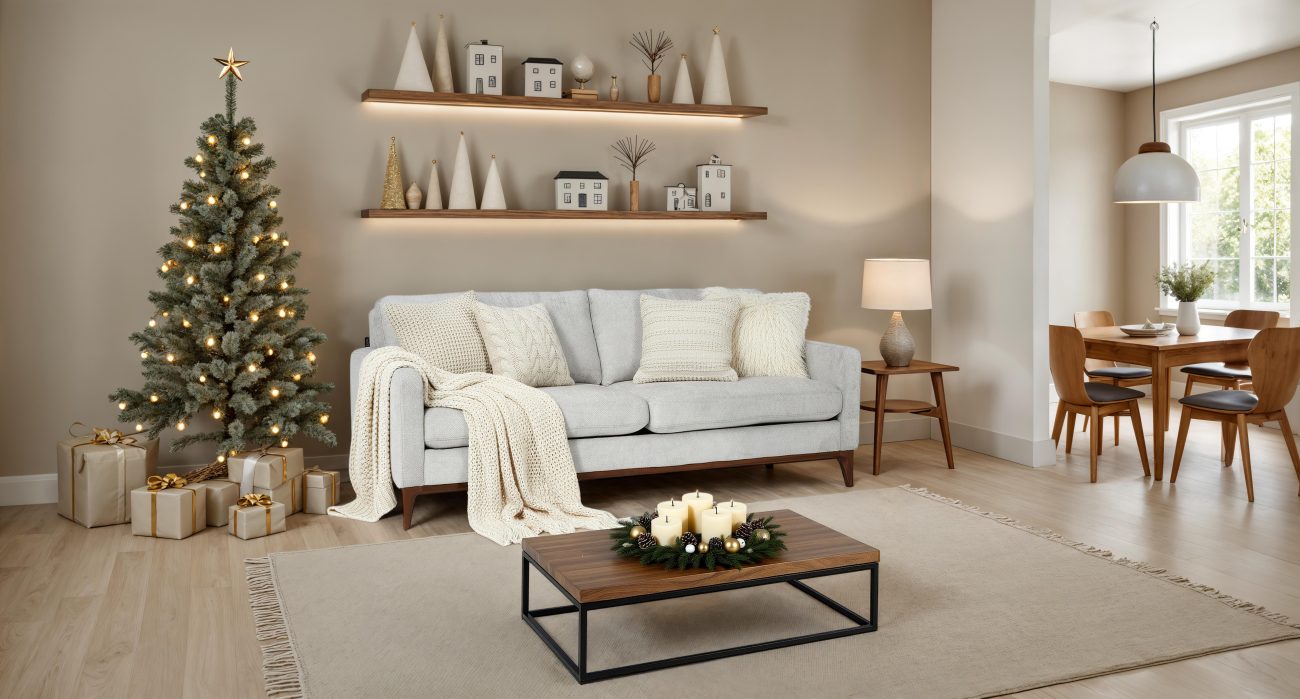 Sofá en un salón en una decoración con un árbol de navidad.