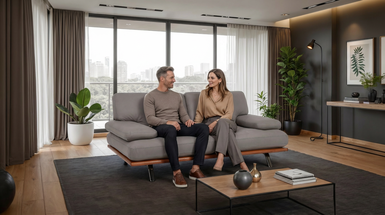 Qué es un love seat. Pareja sentada en un sofá