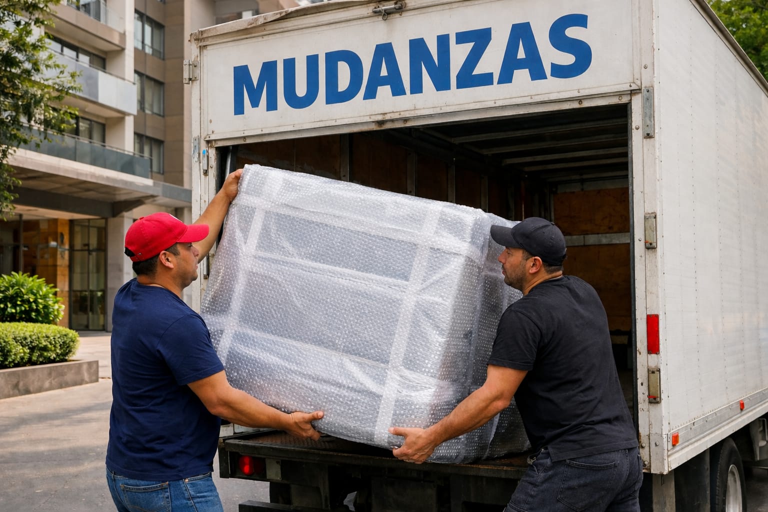 Dos personas cargando un mueble en una mudanza