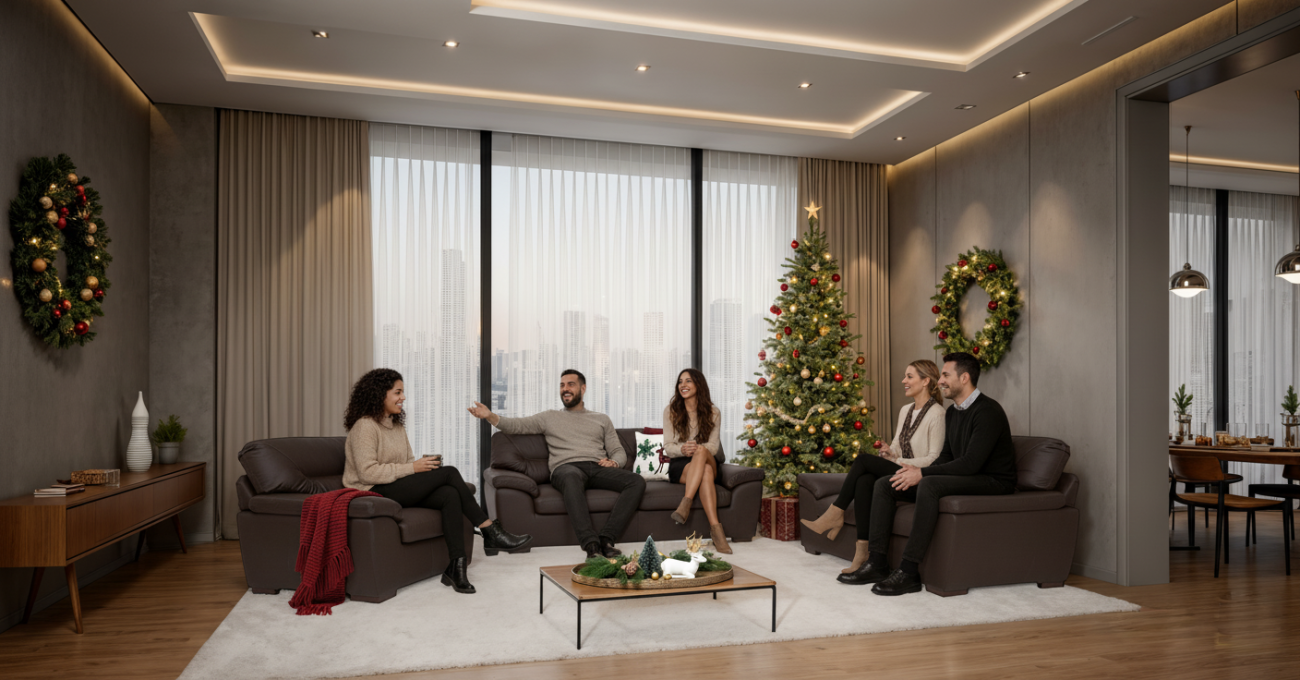 Personas en una sala, pensando en cómo decorar la sala en Navidad.