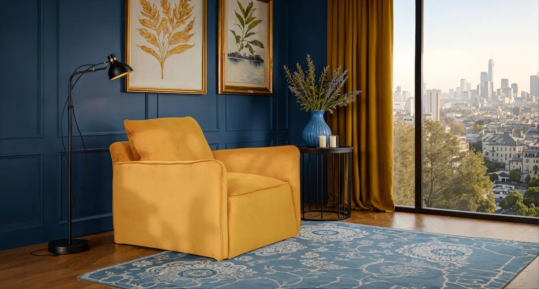 Sillón individual tipo butaca en terciopelo amarillo mostaza como acento decorativo en sala con pared azul marino y molduras tipo boiserie