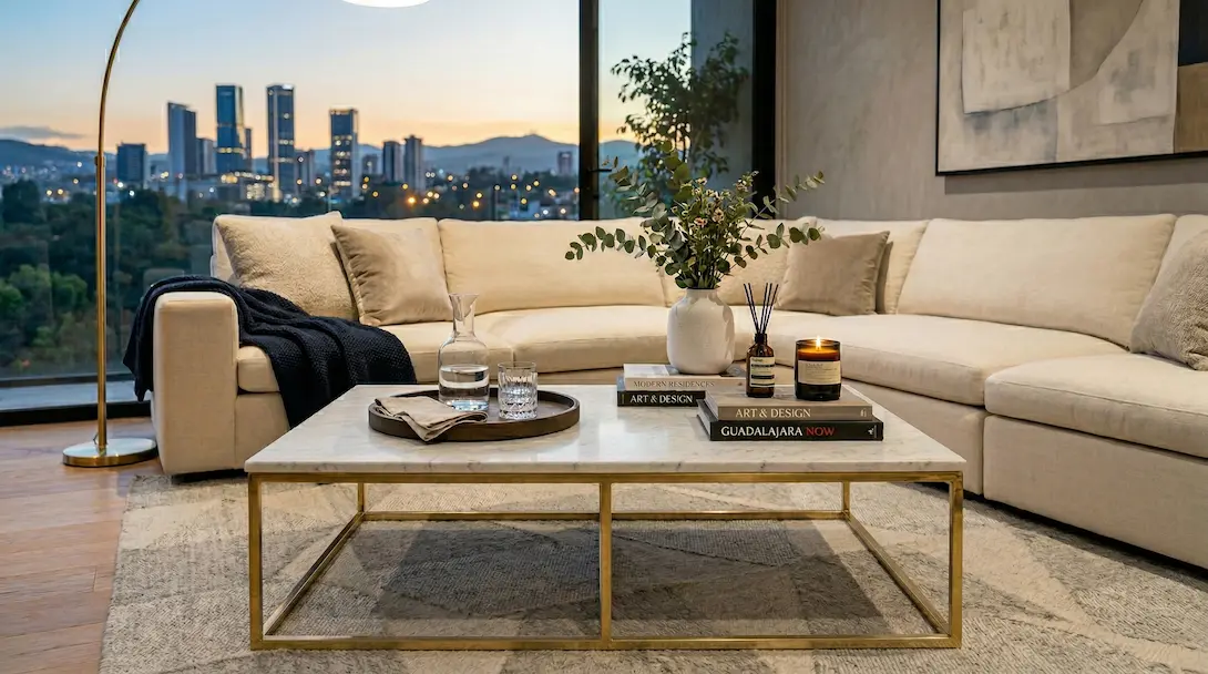 Cómo decorar mi sala: sofá de piel en tono gris topo con cojines de tres texturas distintas —tejido, terciopelo y piel— para dar profundidad visual