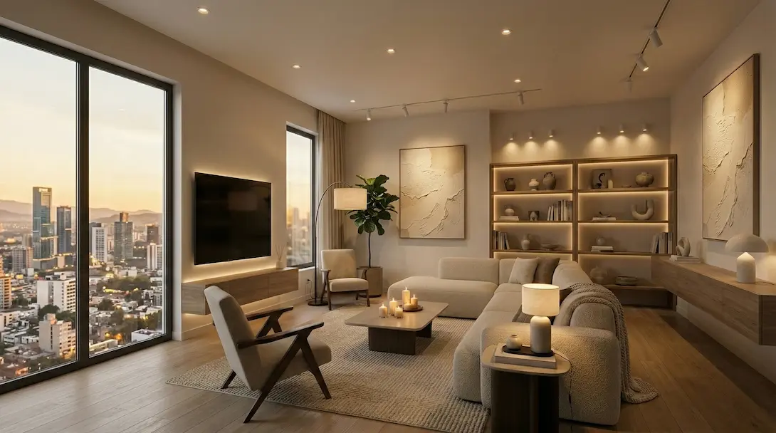 Sala elegante en departamento mexicano con sofá en tela crema, iluminación cálida multicapa, mueble de TV con retroiluminación LED y librero de madera integrado