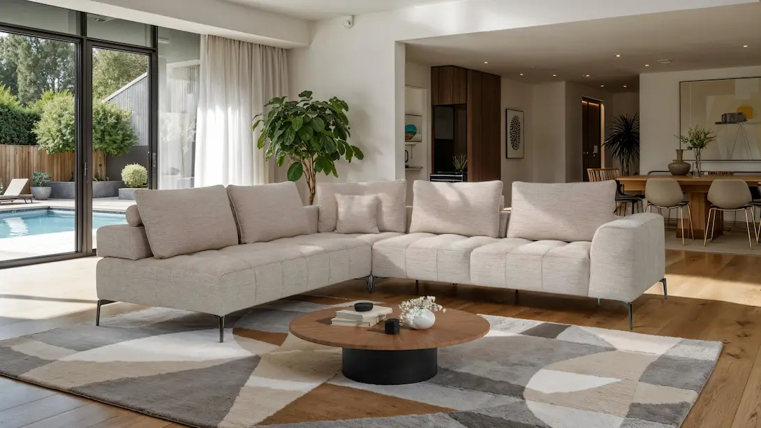 Cómo decorar salas en planta abierta: sofá en L color arena con mesa de centro redonda en madera, tapete geométrico y conexión visual al comedor