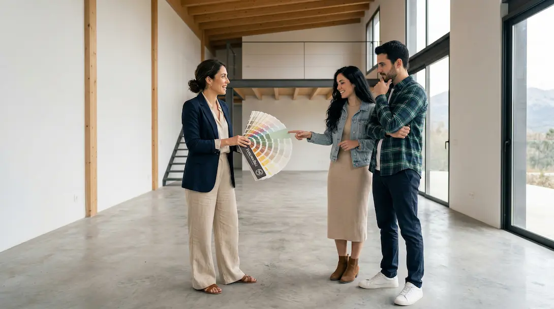 Diseñadora de interiores mostrando muestrario de color Pantone a pareja en espacio vacío durante proceso de proyecto de interiorismo
