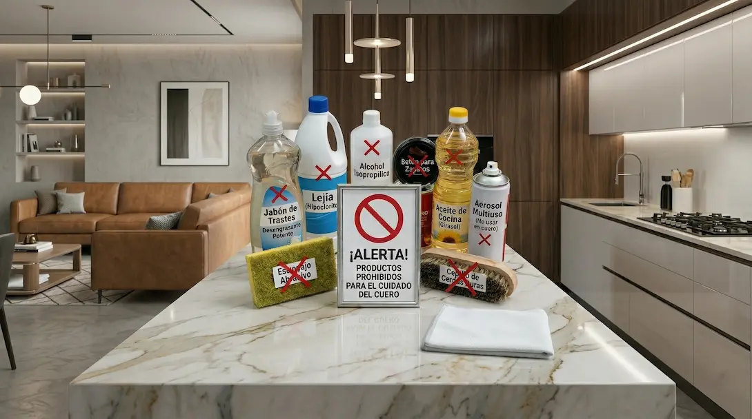 Productos prohibidos para limpiar sillones de piel: jabón de trastes, lejía, alcohol isopropílico, aceite de cocina y aerosoles marcados con tache rojo