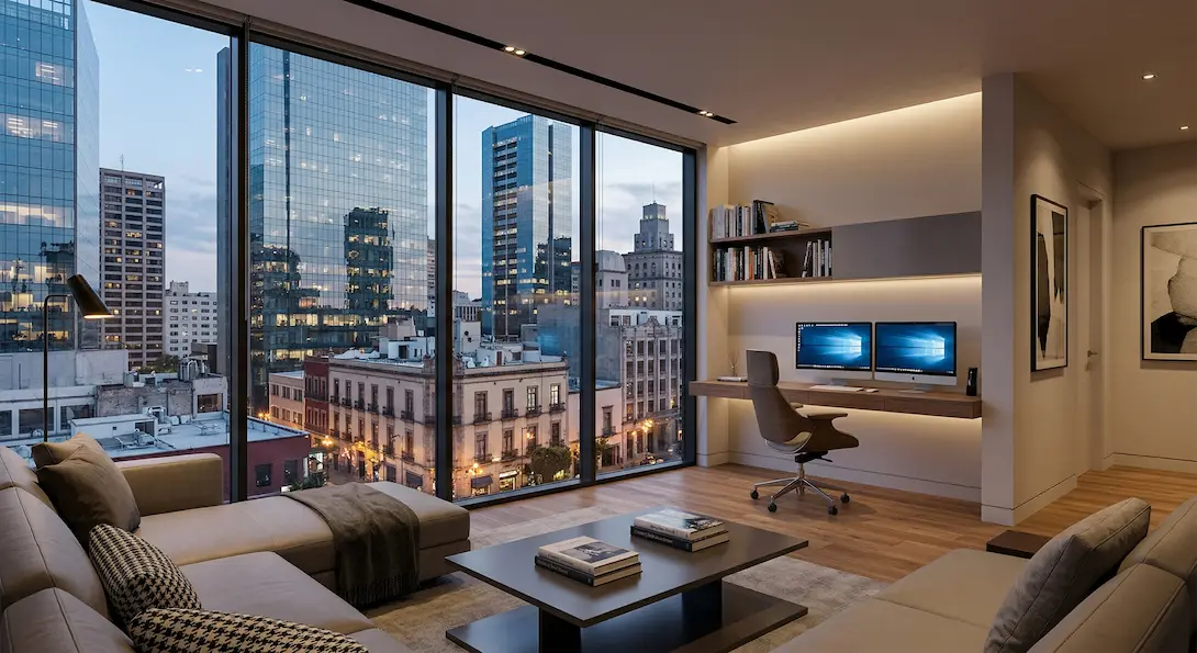 Sala multifuncional elegante con zona de home office integrada, sofá en tono arena, escritorio flotante con doble monitor e iluminación LED indirecta, vista a ciudad mexicana